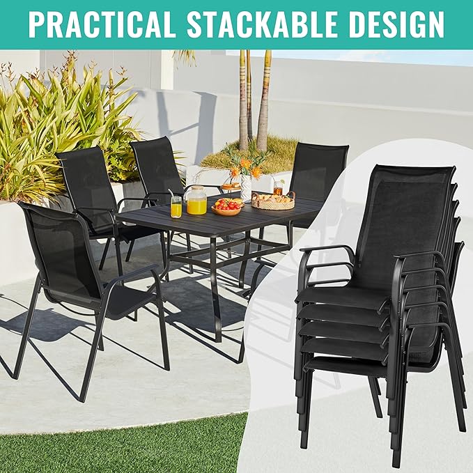 Yaheetech Set of 6 Patio Dining Chairs, Outdoor Stackable Patio Chairs with Backrest/Armrests, All Weather Chairs for Garden/Lawn/Porch/Backyard Pool, Black