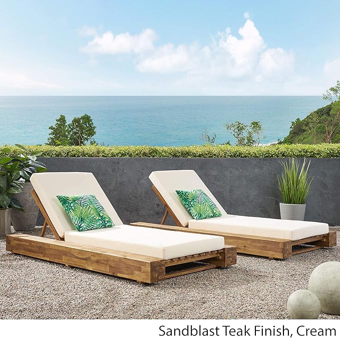 GDFStudio Outdoor Acacia Wood Chaise Lounge and Cushion Sets (Set of 2), and Cream - Photo 3