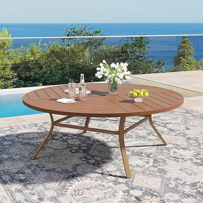 DIFY 63" Round Outdoor Patio Dining Table for 8-10, All-Weather Metal Steel Slatted Patio Table with 1.57" Adjustable Umbrella Hole for Garden, Backyard, Deck, Walnut