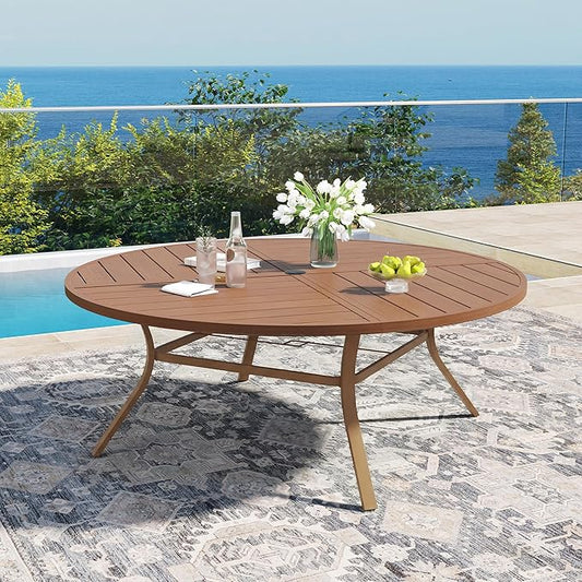 DIFY 63" Round Outdoor Patio Dining Table for 8-10, All-Weather Metal Steel Slatted Patio Table with 1.57" Adjustable Umbrella Hole for Garden, Backyard, Deck, Walnut