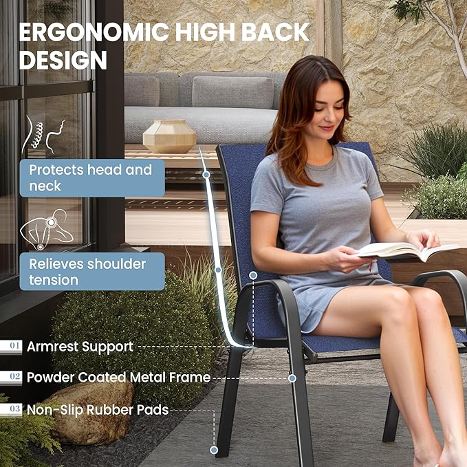 Patio Dining Chairs Set of 6, Outdoor High Stacking Chairs，Breathable Seat Fabric and Alloy Steel Frame for Backyard, Porch, Garden, Sunroom (Blue)