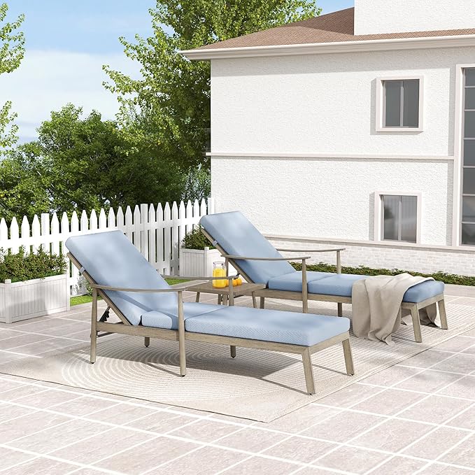 HAPPATIO Outdoor Chaise Lounge Set of 3, Aluminum Pool Chair with Adjustable Backrest and Cushion, Curved Armrest, Outdoor Lounge Chairs with Side Table for Beach, Yard, Poolside (Brown)