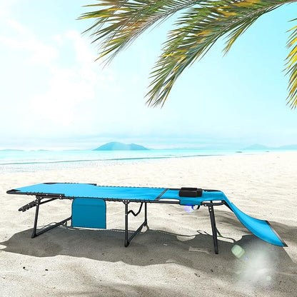 Outsunny Folding Chaise Lounge with 5-Level Reclining Back, Tanning Chair with Face Hole, Outdoor Lounge Chair with Side Pocket & Headrest for Beach, Yard, Patio, Blue