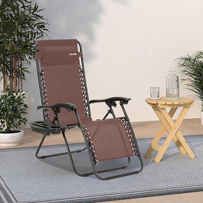 SereneLife Set of 2 Adjustable Steel Mesh Zero Gravity Lounge Chair Recliners w/Pillows and Cup Holder Trays - Brown