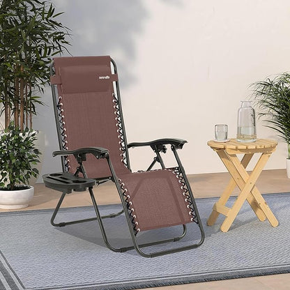 SereneLife Set of 2 Adjustable Steel Mesh Zero Gravity Lounge Chair Recliners w/Pillows and Cup Holder Trays - Brown