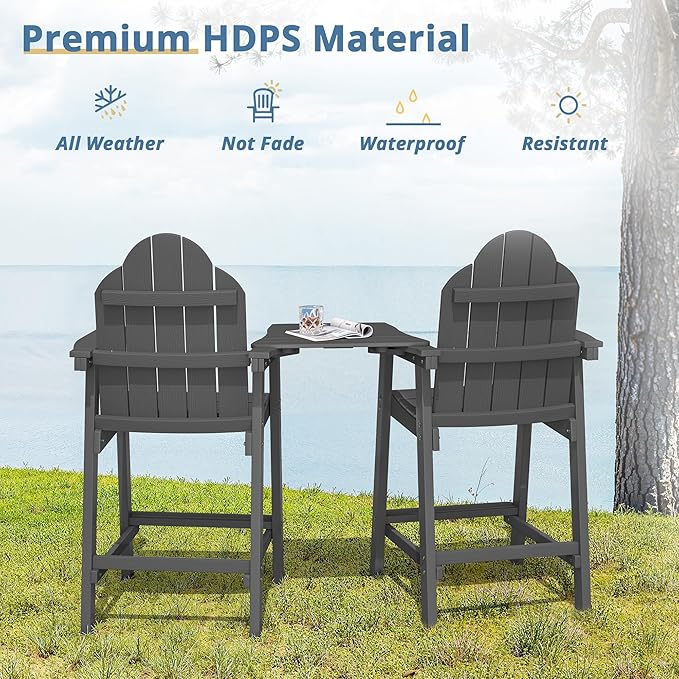 LUE BONA Tall Adirondack Chair Set of 2, All Weather HDPS Bar Height Adirondack Chair with Detachable Table & Umbrella Hole, Adirondack Barstools for Patio, Deck, Backyard & Commercial Use Dark Gray