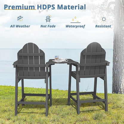 LUE BONA Tall Adirondack Chair Set of 2, All Weather HDPS Bar Height Adirondack Chair with Detachable Table & Umbrella Hole, Adirondack Barstools for Patio, Deck, Backyard & Commercial Use Dark Gray