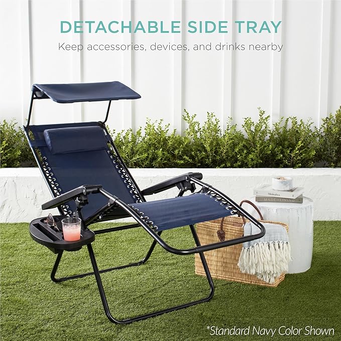 Best Choice Products 30” Wide Folding Zero Gravity Outdoor Recliner Patio Lounge Chair w/Adjustable Canopy Shade - Photo 8