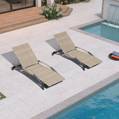 PURPLE LEAF Patio Chaise Lounge Chair Set of 2 Wicker Adjustable Recliner Tanning Chair for Outdoor Pool Beach Poolside Sunbathing Lounger Beige