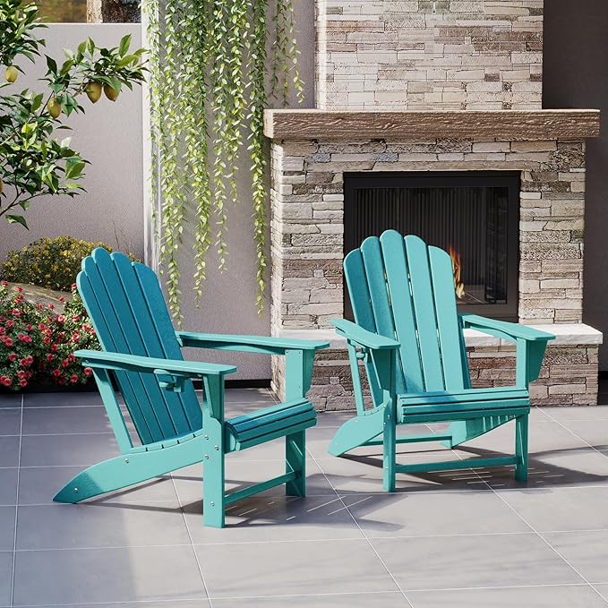 Costaelm Lakeview Outdoor Patio HDPE Adirondack Chairs with Cup Holders (Set of 2), Turquoise
