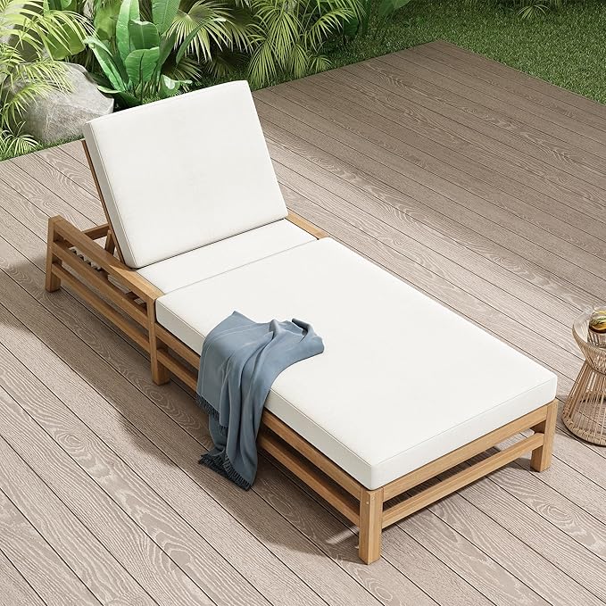 Acacia Wood Outdoor Patio Chaise Lounge Chair, All Weather Recliner Chair with Thick Cushions and 5-Position Adjustable Backrest for Pool, Balcony& Garden (Light Teak-1R)