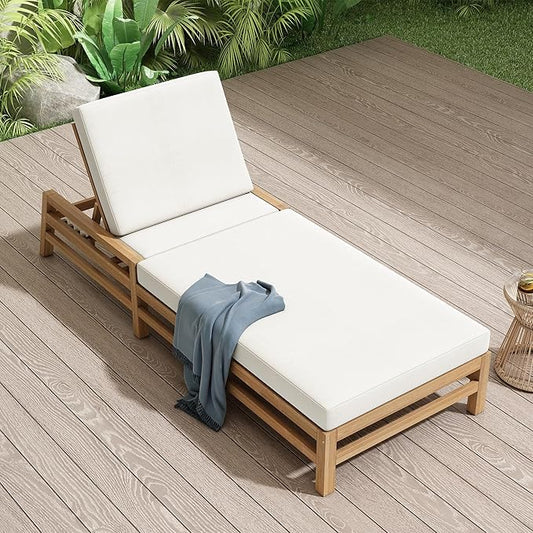 Acacia Wood Outdoor Patio Chaise Lounge Chair, All Weather Recliner Chair with Thick Cushions and 5-Position Adjustable Backrest for Pool, Balcony& Garden (Light Teak-1R)
