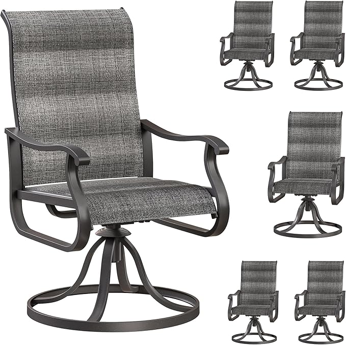 Patio Swivel Chairs Set of 6, Outdoor Dining Chairs with High Back, All-Weather Swivel Rocker Chair for Lawn, Porch or Garden (Padded Dark Grey)