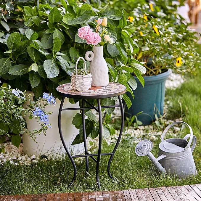 VONLUCE Mosaic Side Table and Plant Stand, 21" Round End Table with 14" Ceramic Tile Top, Indoor & Outdoor Accent Table - Photo 2