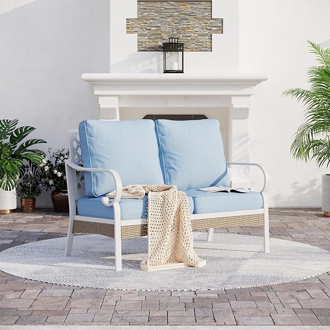 Metal Patio Furniture Loveseat Sofa with 5.75" Extra Thick Waterproof Cushion - Photo 1