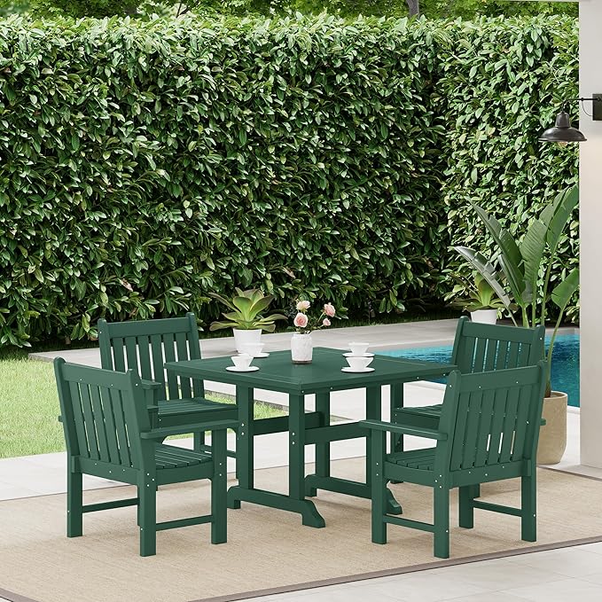 Costaelm Outdoor Dining Arm Chair, Patio HDPE Garden Dining Table Chair, Poly Lumber Waterproof Restaurant Bistro Farmhouse Chairs for Outside Porch Backyard, Dark Green