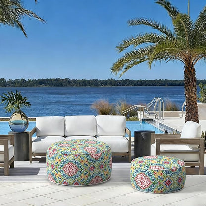 LVTXIII Indoor/Outdoor Inflatable Ottoman with Handle D21 x H9 Inch, Weather-Resistant Round Footstool Pouf for Patio Camping Living Room, Portable Footrest Extra Seating, Damask Red