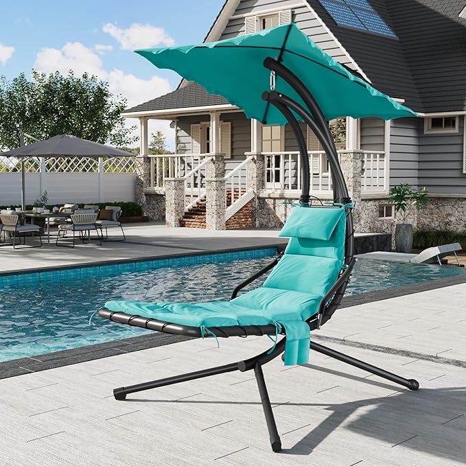 Hanging Chaise Lounge Swing Chair, Hanging Curved Chaise Lounge Chair Umbrella, Curved Steel Hammock Lounger Chairs for Outdoor Indoor Patio Pool Garden Backyard Porch