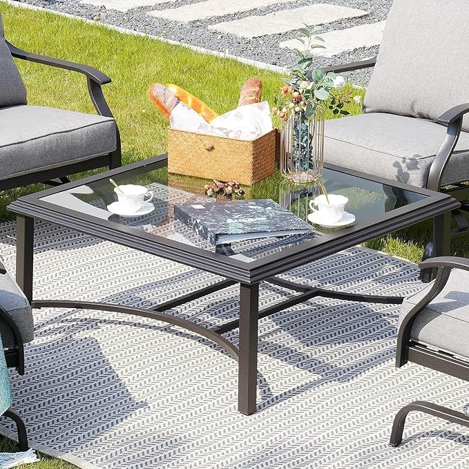 Grand patio Outdoor Glass Coffee Table,Outdoor Furniture Coffee,Patio Garden Furniture Multi-Functional Tea Table with Tempered Glass Top, for Conversation-Square (Tea Table with Glass Top)