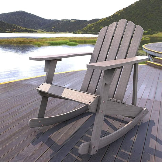 JONATHAN Y PAT1000B Kiawah Outdoor Patio Classic Acacia Wood Adirondack Rocking Chair for Garden, Lawn, Backyard, Pool, Deck, Beach, Firepit, Gray