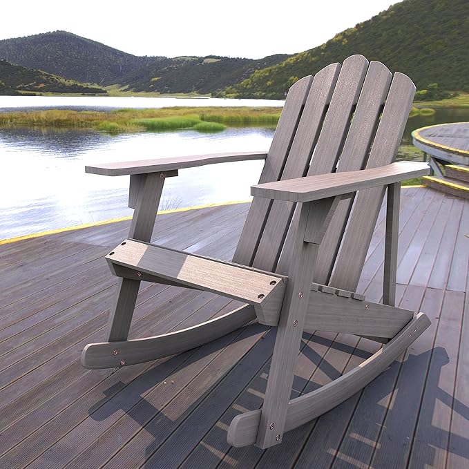 Eyely PTA1000B Harvey Outdoor Patio Classic Acacia Wood Adirondack Rocking Chair, Gray for Bohemian, Classic, Country, Cottage, Farmhouse, Rustic