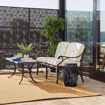 Glitzhome Set of 2 Outdoor Side Table with Leaf Pattern Solar Powered Light, 18.25" H Iron Cutout Drum Garden Stool Solar Decorative Lanterns, Metal End Table Plant Stand for Indoor Outdoor, Black