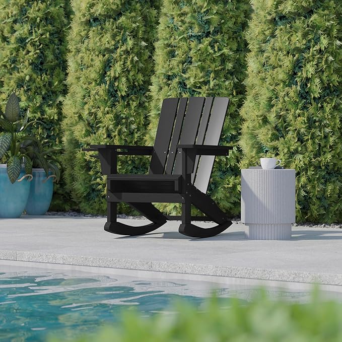 Flash Furniture Halifax Adirondack Rocking Chair with Cup Holder, Weather Resistant Poly Resin Adirondack Rocking Chair, Black