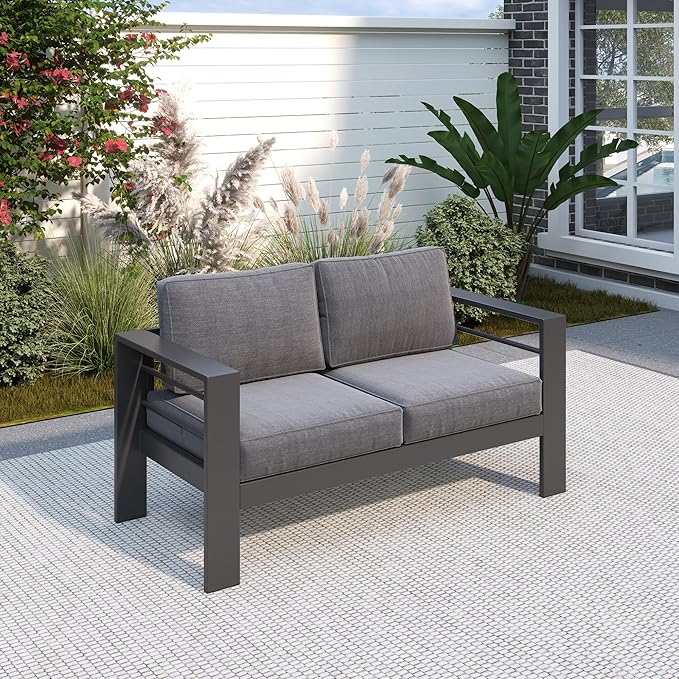Solaste Outdoor Loveseat Aluminum Patio Furniture Sofa, All-Weather Metal Outdoor Couch with Cushions,Dark Grey - Photo 1