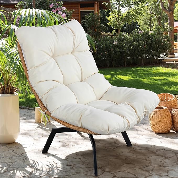 Vongrasig Swivel Wicker Chair PE Rattan Chair with Cushion, Oversized Patio Lounge Chair for Outdoor, Indoor, Balcony, Backyard, Garden, Living Room, Beige