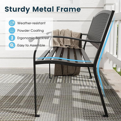 Outdoor Bench, 50 inches Metal Garden Bench, Cast Iron Steel Frame Patio Chairs w/Oval Pattern Backrest for Park, Yard, Porch, Lawn, Balcony, Backyard, Black