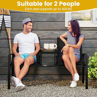 Tangkula Patio Loveseat with Built-in Table, 2-Seat Small Balcony Furniture with Breathable Fabric, Heavy Duty Metal Frame, Tempered Glass Tabletop, Outdoor Seating Bench for Porch Backyard Garden