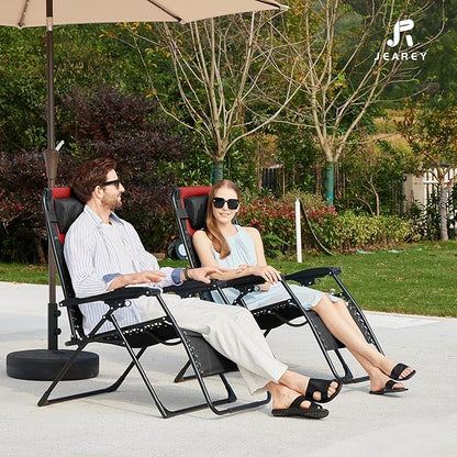 JEAREY Oversized Padded Zero Gravity Chairs Set of 2, Folding Lounge Chair Outdoor Patio Recliner, Anti Gravity Chair for Backyard with Headrest, Cup Holder, Side Tray, Polyester Mesh - Black/Red