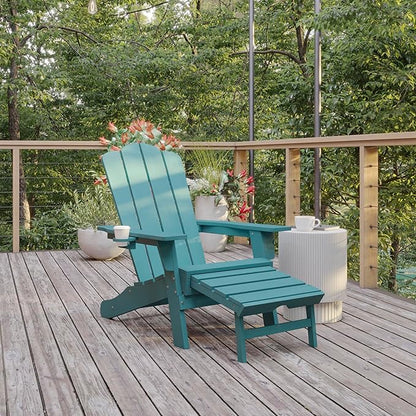 Flash Furniture Newport Poly Resin Adirondack Chair with Cup Holder and Pull Out Ottoman, All-Weather Poly Resin Indoor/Outdoor Lounge Chair, Blue