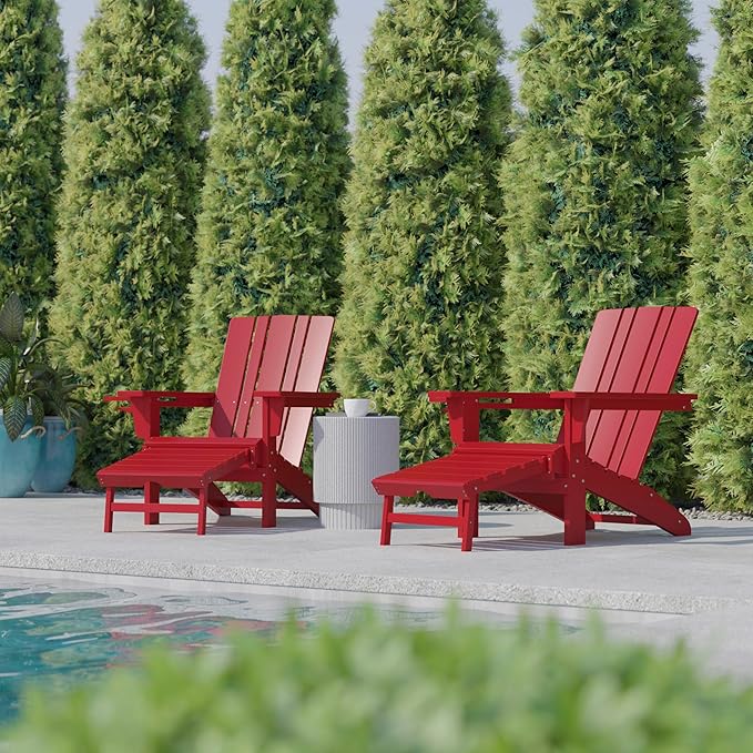 Flash Furniture Halifax Poly Resin Adirondack Chair with Cup Holder and Pull Out Ottoman, All-Weather Poly Resin Indoor/Outdoor Lounge Chair, Set of 2, Red