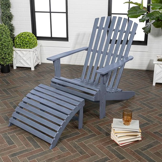 Eyely KDA1000E Zalenor 2-Piece Traditional Rustic Acacia Wood Adirondack Chair with Detachable Ottoman, Cashmere Blue