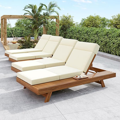 2-Piece Patio Lounge Chair Set with Side Space, Outdoor Chaise Lounge Adjustable & Breathable Acacia Wood Frame, Water-Resistant Cushions(Beige& 4 Inch Thick & 4-FOLD)