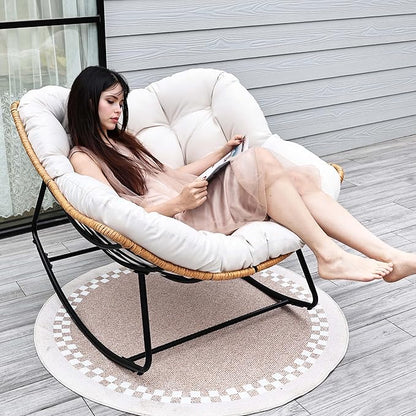 Outdoor Egg Rocking Chair, Indoor Papasan Rocking Chair with Thick Cushion, Modern Lounge Rocker for Balcony, Living Room, Bedroom, Porch, Lawn, Garden (Ivory)
