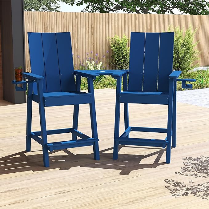 Tall Adirondack Chair Set of 2, HDPE Balcony Chairs with Connecting Tray, Two Cup Holders, All-Weather Adirondack Bar Stools for Patio, Balcony, Backyard, Poolside, Navy Blue