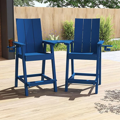 Tall Adirondack Chair Set of 2, HDPE Balcony Chairs with Connecting Tray, Two Cup Holders, All-Weather Adirondack Bar Stools for Patio, Balcony, Backyard, Poolside, Navy Blue