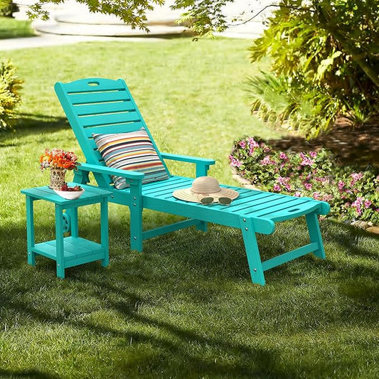 LUE BONA Lounge Chair Outdoor with Table, 2-Piece, HDPS Chaise Lounge Outdoor with Wheels, 5 Positions Adjustable Pool Lounger Chairs for Outside, Patio, Aruba Blue