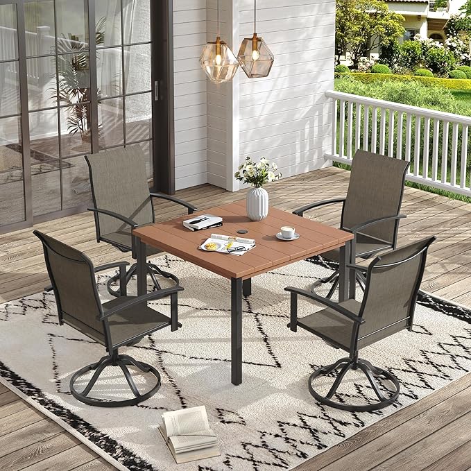 VICLLAX 40.2" Square Patio Dining Table for 4, Outdoor Table with Umbrella Hole, All Weather Metal Patio Table for Lawn Garden, Walnut Wood-Like Tabletop