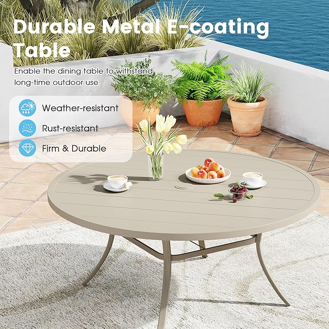 Patio Dining Table for 8-10, Round Metal Outdoor Table with 1.57" Umbrella Hole, 60" Outdoor Slat Tabletop Dining Table for Backyard, Porch, Lawn, Sand