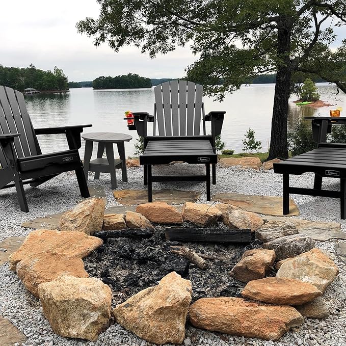 FUNBERRY Adjustable Folding Adirondack Chair with Retractable Ottoman, All Weather Fire Pit Chairs with Cup Holder