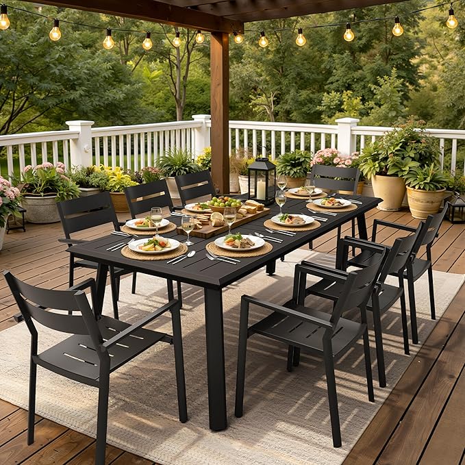 Patio Table with Umbrella Hole 83" Aluminum Outdoor Dining Table for 8 Rectangle All Weather Outside Table for Lawn Backyard Garden