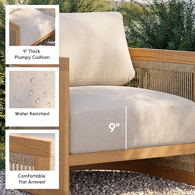 homary Teak Outdoor Chair, Rope Woven Patio Lounge Chair with All-Weather Cushions, Deep Seat Ergonomic Armchair with Removable Washable Covers (1 Chair)