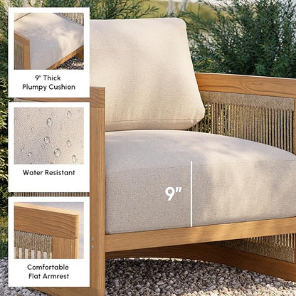 homary Teak Outdoor Chair, Rope Woven Patio Lounge Chair with All-Weather Cushions, Deep Seat Ergonomic Armchair with Removable Washable Covers (1 Chair)