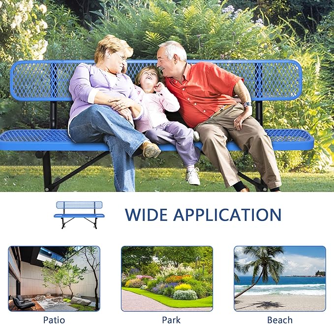 8 Ft Metal Park Bench for Outside, All-Weather Thermoplastic Coating Outdoor Bench with Backrest, Commercial Heavy Duty Benches for Shopping Malls, Stores, Parks, Patios, Decks, Blue