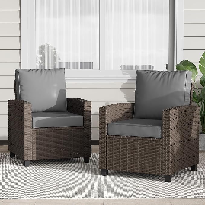 2 Pieces Patio Furniture Set, Outdoor Wicker Chairs Set of 2, All Weather High Back Rattan Chairs, Seating Club Chair Porch Chairs Set with Cushions for Balcony Porch Deck, Gray
