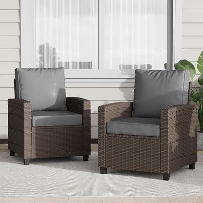 2 Pieces Patio Furniture Set, Outdoor Wicker Chairs Set of 2, All Weather High Back Rattan Chairs, Seating Club Chair Porch Chairs Set with Cushions for Balcony Porch Deck, Gray