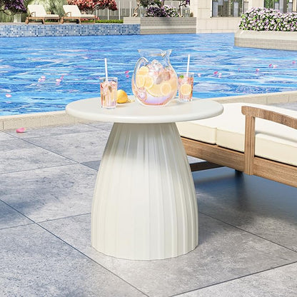 Round Small Patio Side Table Set of 2, Patio Furniture Accent End Table, Metal Steel Outdoor Side Table, for Garden, Pool, Yard, Balcony, Living Room, Deck, Weather Resistant, No Assembly, Beige White